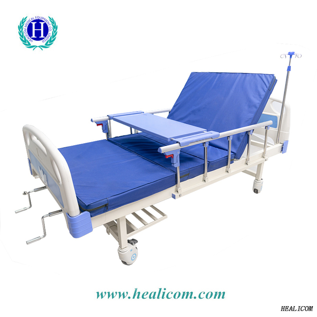 อุปกรณ์โรงพยาบาลทางการแพทย์ราคาดีที่สุด DP-M002 ABS เตียงผู้ป่วยด้วยมือแบบปรับได้สองข้อพร้อมราวกั้น